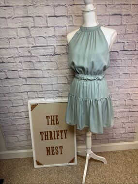 Japna Sage Green Halter Tiered Mini Dress